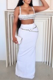 White Rhinestone Decor Sleeveless Backless Cami Crop Tops And Maxi Skirt Formal Evening Party Two Pieces Dress Sets
