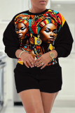 Black Casual Figure Print O Neck Long Sleeve Sweatshirt And Shorts Two Pieces Shorts Sets