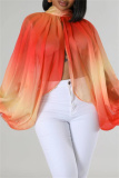 Green Casual Ombre Print Turtleneck Long Sleeve Front Slit Belted Vacation Mesh Blouse