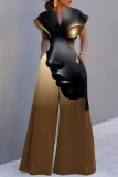 Black Casual Graphics Print V Neck Short Sleeve Vacation Fitted Wide Leg Jumpsuits