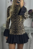 Street Leopard Print Half A Turtleneck Flare Sleeve Ruffle Hem Vacation Mini Dresses