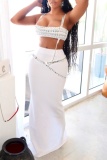 White Rhinestone Decor Sleeveless Backless Cami Crop Tops And Maxi Skirt Formal Evening Party Two Pieces Dress Sets