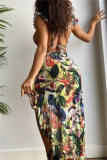 Colorful Print Belted Backless Sleeveless Ruffle Trim Bra Mini Shorts Bikini Sets Cover Up Maxi Skirt Beach Vacation Swimwear Three Piece Swimsuit