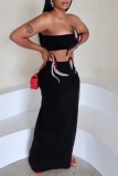 Black Rhinestone Backless Strapless Sleeveless Slit Tube Crop Tops And Side Slit Maxi Skirts Formal Evening Party Two Pieces Dress Sets (With Sleeves)