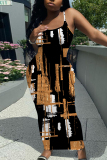 Black Graphics Print Sleeveless Backless Spaghetti Strap Square Neck Vacation Bodycon Maxi Slip Dress