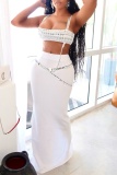 White Rhinestone Decor Sleeveless Backless Cami Crop Tops And Maxi Skirt Formal Evening Party Two Pieces Dress Sets