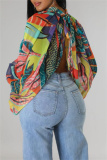 Green Casual Ombre Print Turtleneck Long Sleeve Front Slit Belted Vacation Mesh Blouse