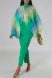 Green Casual Ombre Print Turtleneck Long Sleeve Front Slit Belted Vacation Mesh Blouse