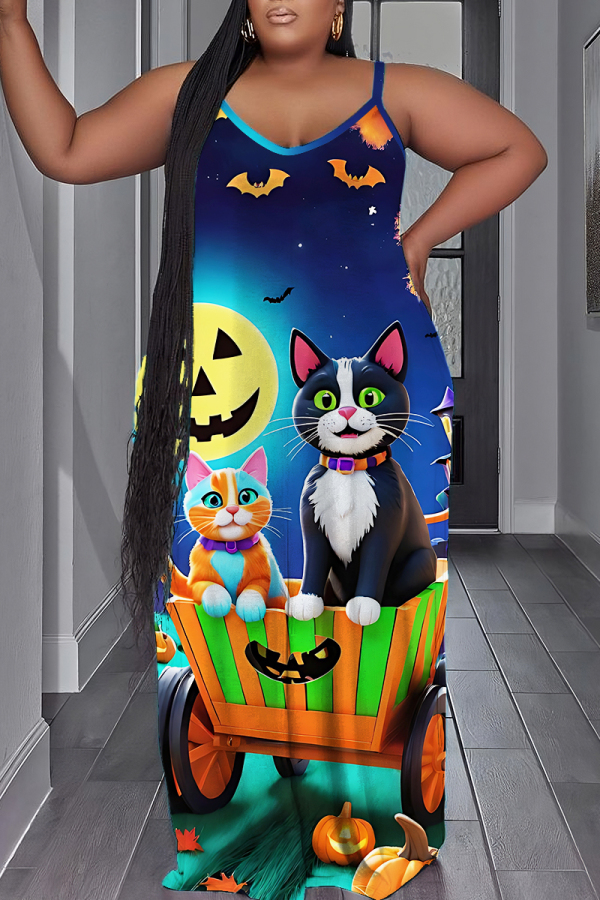 Blue Gradient Halloween Pumpkin Print U Neck Backless Spaghetti Strap Floor Length Vacation Baggy Sundress Slip Maxi Dress