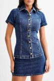 Blue Casual Turndown Collar Short Sleeve Distressed Buttons Denim Blouse And Mini Skirt Two Pieces Dress Sets