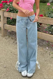 Brown Street Distressed Lace Up Mid Waist Loose Wide Leg Denim Jeans