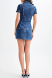 Blue Casual Turndown Collar Short Sleeve Distressed Buttons Denim Blouse And Mini Skirt Two Pieces Dress Sets