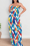 Dark Green Graphics Print Backless Sleeveless Spaghetti Strap Floor Length Long Baggy Slip Maxi Dresses