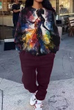 Brown Figure Print O Neck Long Sleeve Sweatshirt And Skinny Pants Sportwear Casual Two Pieces Tracksuit Sweatpants Set