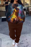 Brown Figure Print O Neck Long Sleeve Sweatshirt And Skinny Pants Sportwear Casual Two Pieces Tracksuit Sweatpants Set