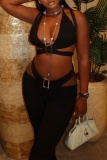 Black Backless Sleeveless Halter Crop Tops And Straight Leg Pants Night Cub Two Pieces Trouser Sets