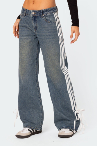 Brown Street Distressed Lace Up Mid Waist Loose Wide Leg Denim Jeans