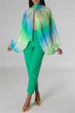 Green Casual Ombre Print Turtleneck Long Sleeve Front Slit Belted Vacation Mesh Blouse