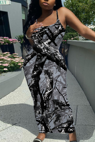 Black Graphics Print Sleeveless Backless Spaghetti Strap Square Neck Vacation Bodycon Maxi Slip Dress