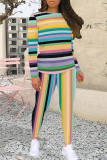 Khaki Casual Stripe Print O Neck Long Sleeve Sweatshirt And Skinny Pants Sportwear Two Pieces Sweatpants Sets