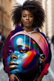 Orange Blue Figure Print Long Sleeve Loose Fall Winter Hooded Sweatshit