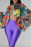 Green Casual Ombre Print Turtleneck Long Sleeve Front Slit Belted Vacation Mesh Blouse