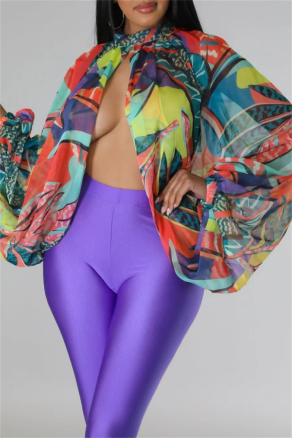 Green Casual Ombre Print Turtleneck Long Sleeve Front Slit Belted Vacation Mesh Blouse