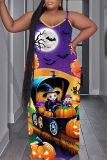 Blue Gradient Halloween Pumpkin Print U Neck Backless Spaghetti Strap Floor Length Vacation Baggy Sundress Slip Maxi Dress