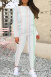 Khaki Casual Stripe Print O Neck Long Sleeve Sweatshirt And Skinny Pants Sportwear Two Pieces Sweatpants Sets