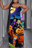 Blue Gradient Halloween Pumpkin Print U Neck Backless Spaghetti Strap Floor Length Vacation Baggy Sundress Slip Maxi Dress