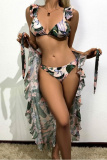 Colorful Print Belted Backless Sleeveless Ruffle Trim Bra Mini Shorts Bikini Sets Cover Up Maxi Skirt Beach Vacation Swimwear Three Piece Swimsuit