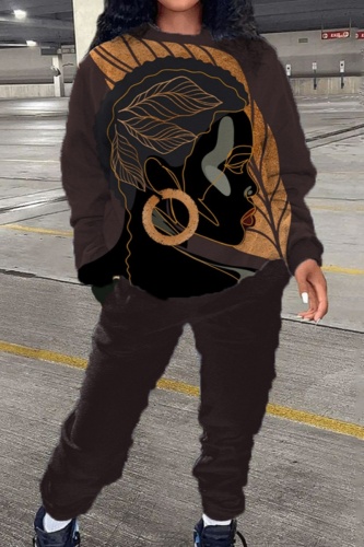 Brown Figure Print O Neck Long Sleeve Sweatshirt And Skinny Pants Sportwear Casual Two Pieces Tracksuit Sweatpants Set