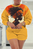 Black Casual Figure Print O Neck Long Sleeve Sweatshirt And Shorts Two Pieces Shorts Sets