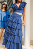 Blue Casual V Neck Small Flying Sleeve Ruffle Trim Crop Tops And Ruffle Tiered Hem Maxi Skirt Vacation Two Pieces Dress Sets