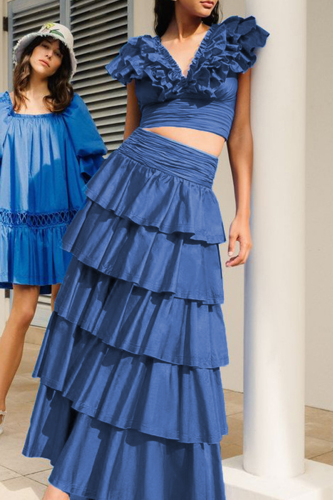 Blue Casual V Neck Small Flying Sleeve Ruffle Trim Crop Tops And Ruffle Tiered Hem Maxi Skirt Vacation Two Pieces Dress Sets