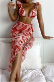 Colorful Print Belted Backless Sleeveless Ruffle Trim Bra Mini Shorts Bikini Sets Cover Up Maxi Skirt Beach Vacation Swimwear Three Piece Swimsuit