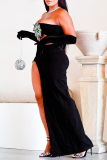 Black Rhinestone Sunflower Decor Sleeveless Strapless  Slit Tube Crop Tops And Side Slit Maxi Skirts Formal Evening Party Two Pieces Dress Sets (With