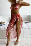 Colorful Print Belted Backless Sleeveless Ruffle Trim Bra Mini Shorts Bikini Sets Cover Up Maxi Skirt Beach Vacation Swimwear Three Piece Swimsuit