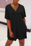 Black Casual V Neck Short Sleeve Slit Oversize T-shirt And Shorts Two Pieces Shorts Sets