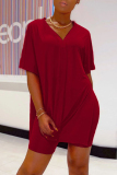Black Casual V Neck Short Sleeve Slit Oversize T-shirt And Shorts Two Pieces Shorts Sets