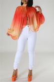 Green Casual Ombre Print Turtleneck Long Sleeve Front Slit Belted Vacation Mesh Blouse