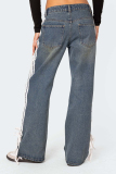 Brown Street Distressed Lace Up Mid Waist Loose Wide Leg Denim Jeans