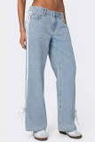 Brown Street Distressed Lace Up Mid Waist Loose Wide Leg Denim Jeans