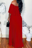 Red Backless Off Shoulder Dropped Shoulder Long Cinch Waist Vacation Formal Party Evening Pleated Maxi Dresses