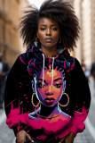 Orange Blue Figure Print Long Sleeve Loose Fall Winter Hooded Sweatshit