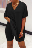 Black Casual V Neck Short Sleeve Slit Oversize T-shirt And Shorts Two Pieces Shorts Sets