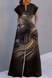 Black Casual Graphics Print V Neck Short Sleeve Vacation Fitted Wide Leg Jumpsuits