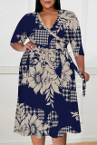 Beige Casual Graphics Print V Neck 3/4 Sleeve Lace Up Belt Long Plus Size Vacation Midi Dresses