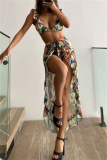 Colorful Print Belted Backless Sleeveless Ruffle Trim Bra Mini Shorts Bikini Sets Cover Up Maxi Skirt Beach Vacation Swimwear Three Piece Swimsuit
