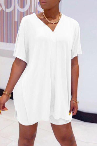 Black Casual V Neck Short Sleeve Slit Oversize T-shirt And Shorts Two Pieces Shorts Sets